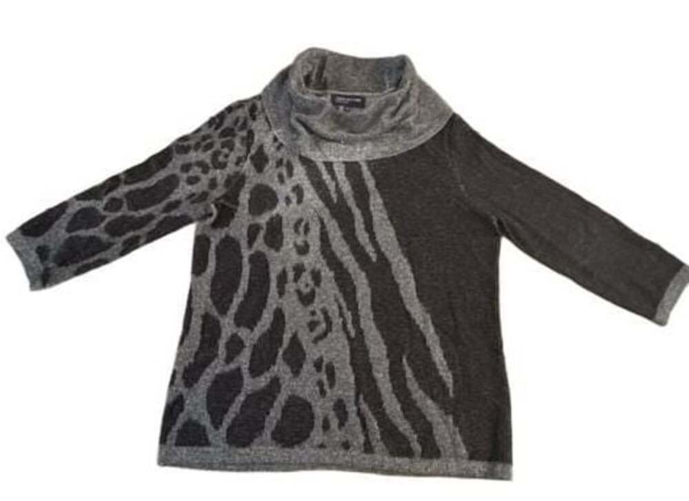Jones New York Signature Animal Print Cowl Neck Sweater Gray Black Size L